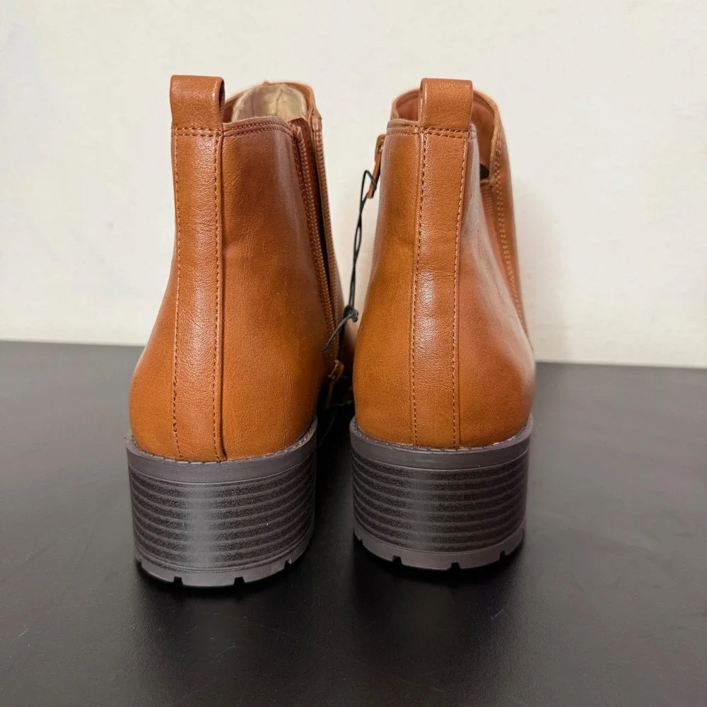 Cognac Brown Ankle Boots Womens 12 Lug Sole Faux Leather Low Block Heel‎  Zip